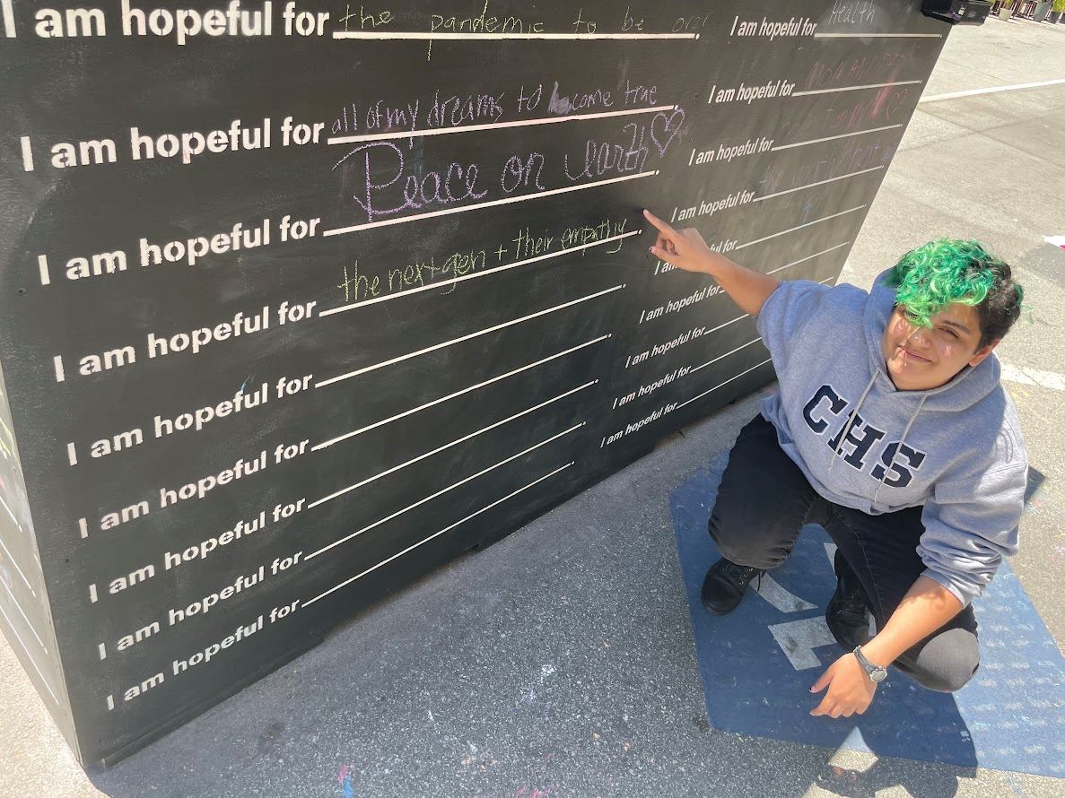 Chalkboard wall saying "I am Hopeful for" asking people to leave a response