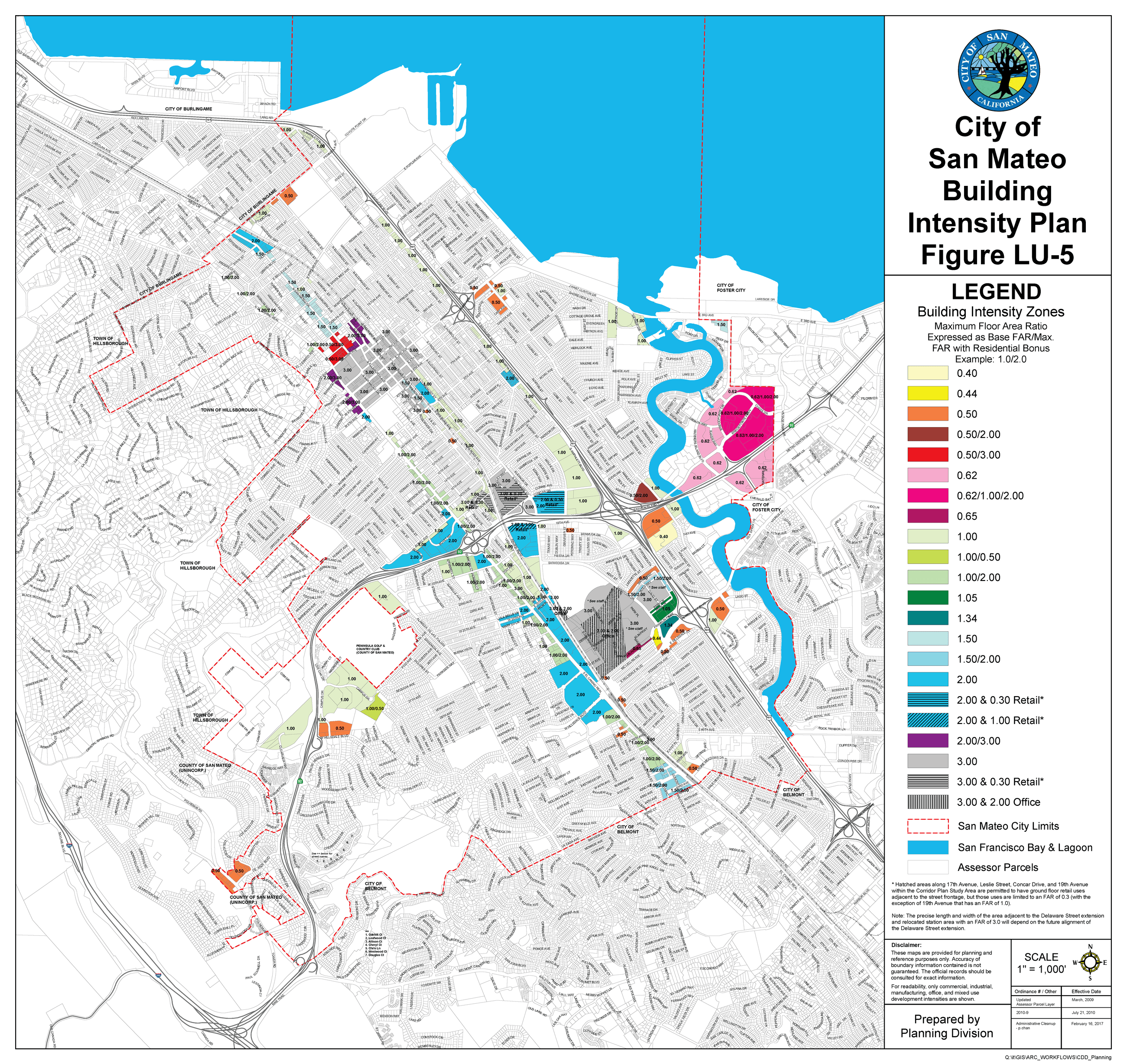 Map to identify maximum floor area ratios in the City of San Mateo while Measure Y is in effect