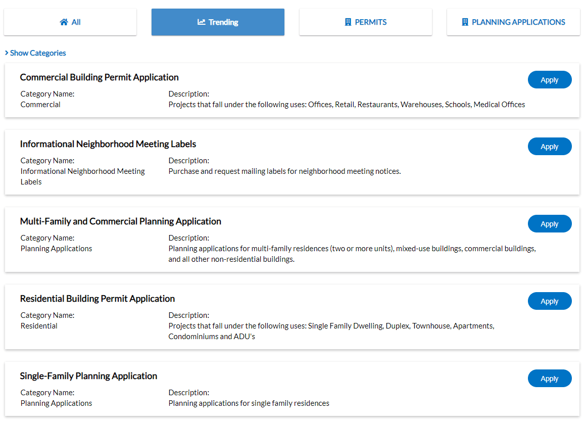 Screenshot of the CSS page of permit types Opens in new window